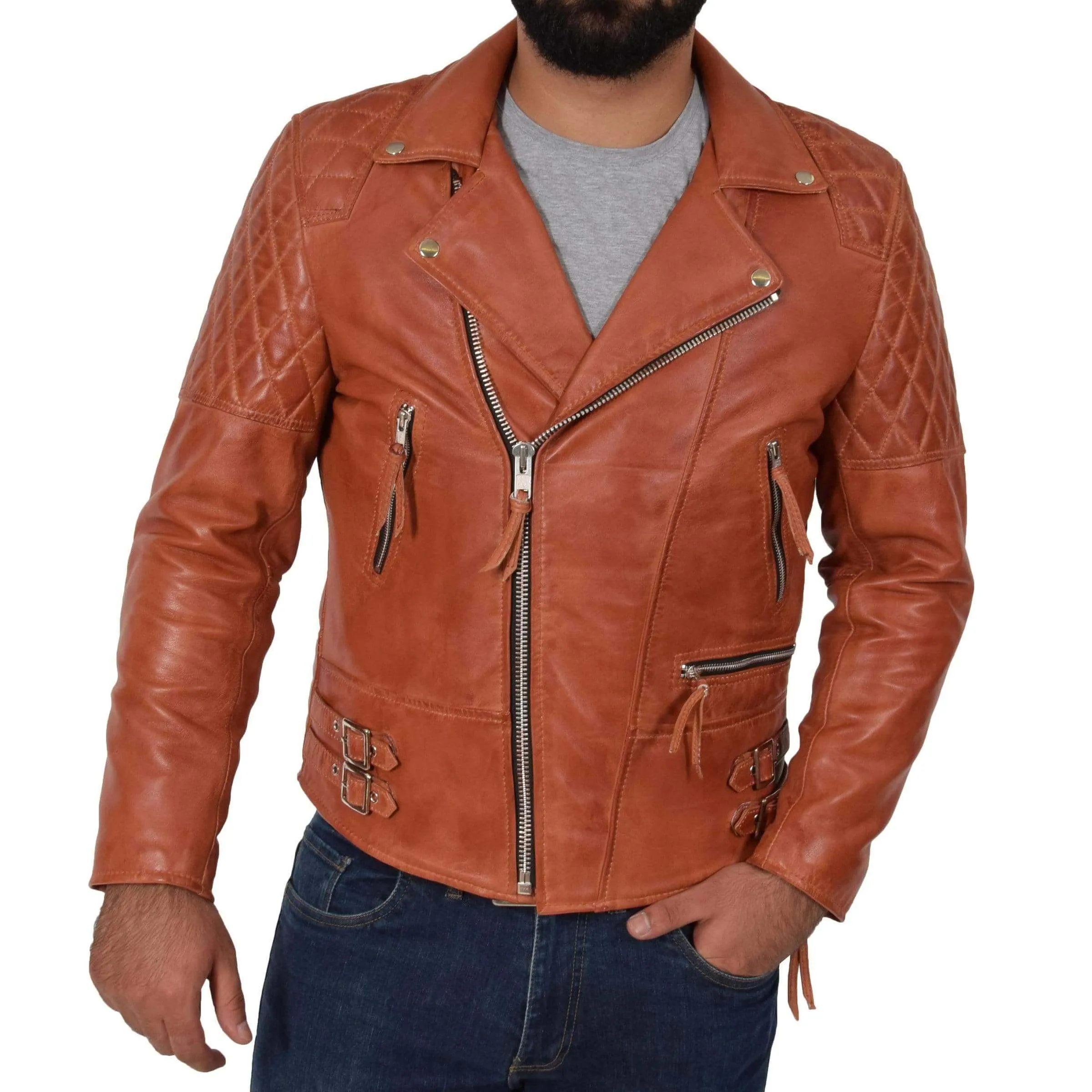 Men's Cross Zip Biker Leather Jacket Cognac Tan, Fashion Casual Outwear Jacket