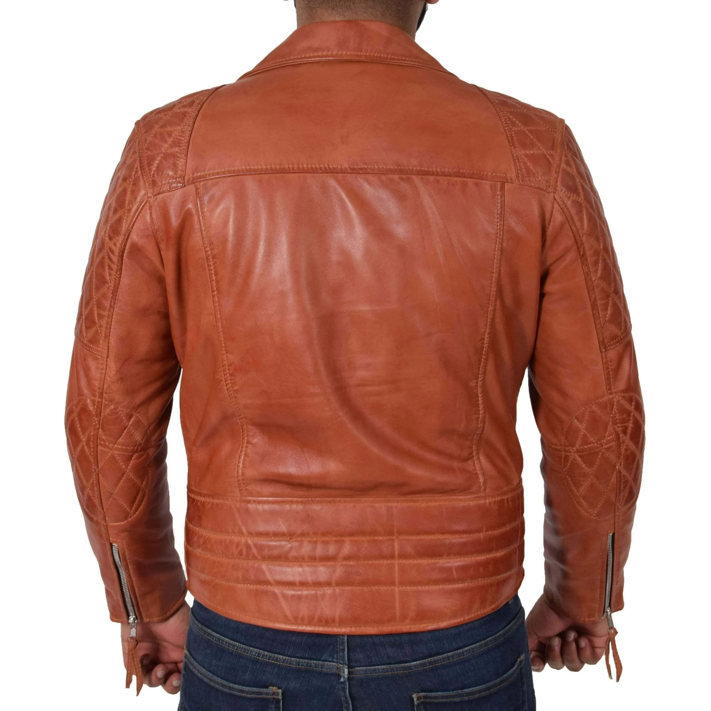 Men's Cross Zip Biker Leather Jacket Cognac Tan, Fashion Casual Outwear Jacket