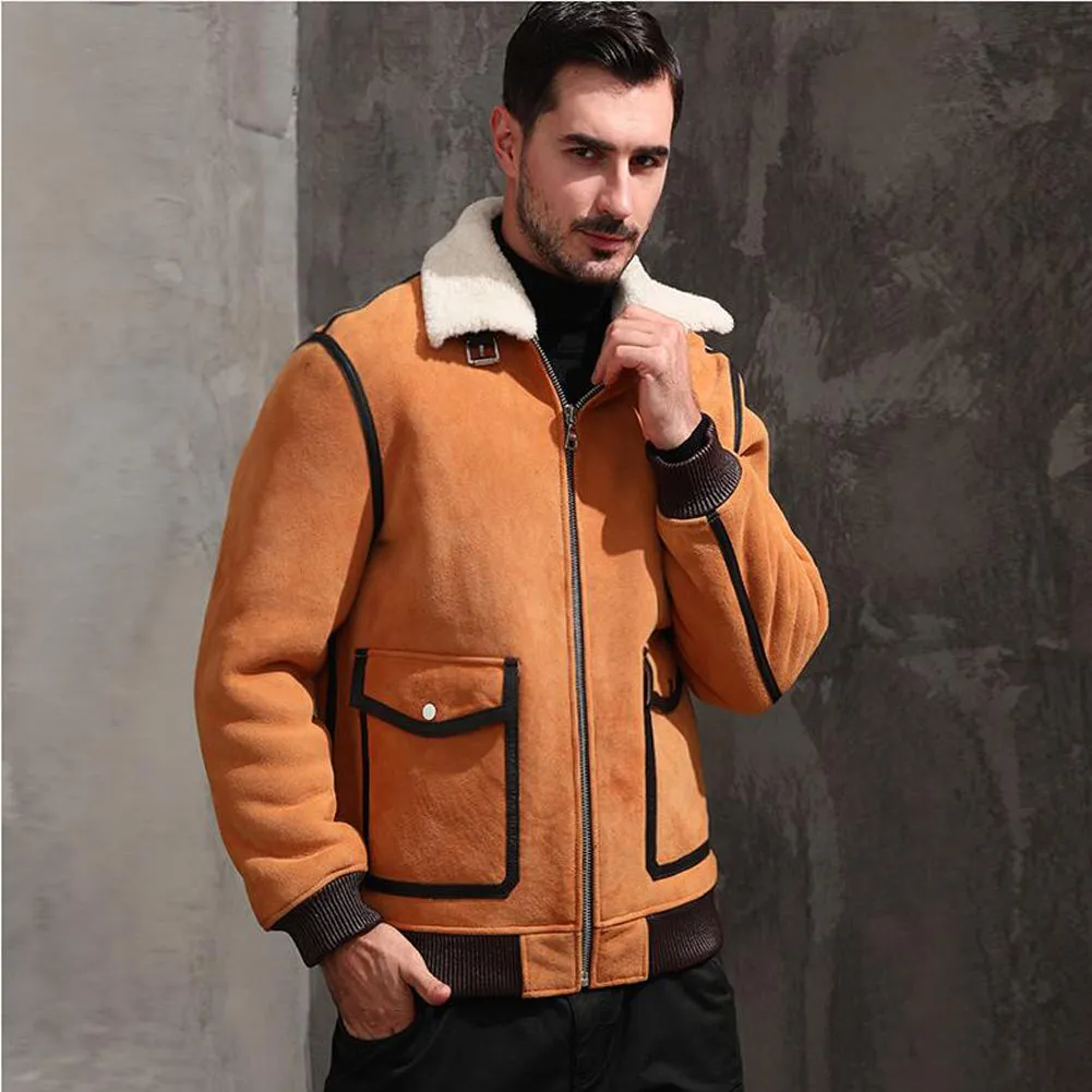 Mens Yellow Suede Leather Shearling Aviator Jacket