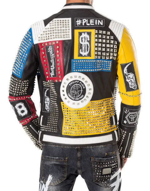 New Philipp Plein Multicolor Full Studded Embroidery Patches Leather Jacket Mens