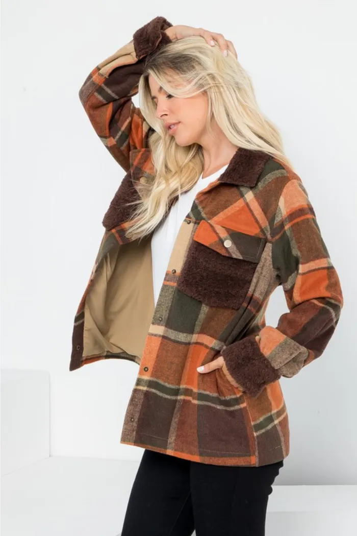 Plaid Wool-Like Shacket with Sherpa Contrast