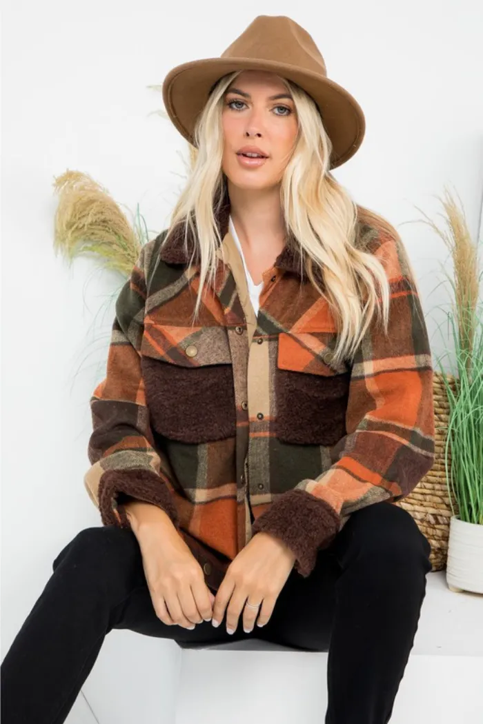 Plaid Wool-Like Shacket with Sherpa Contrast