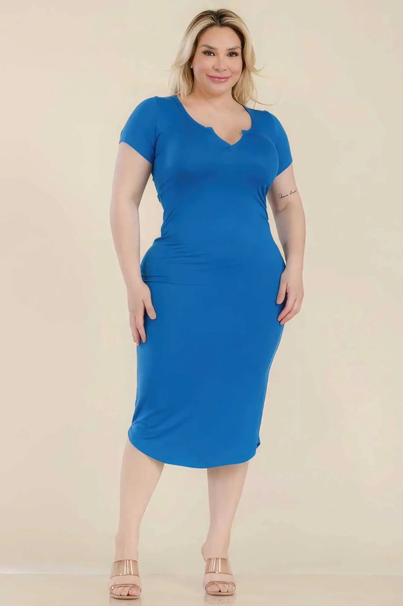 Plus Size Split Neck Bodycon Midi Dress