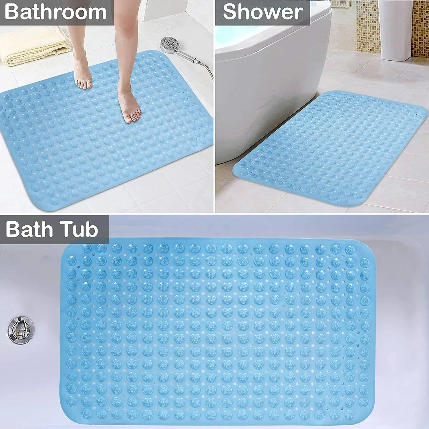 PVC Shower Mat Anti-Slip with Massage Acupressure Points, 58x88 cm, Blue