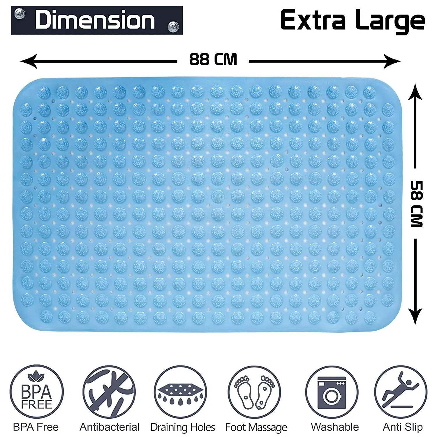 PVC Shower Mat Anti-Slip with Massage Acupressure Points, 58x88 cm, Blue