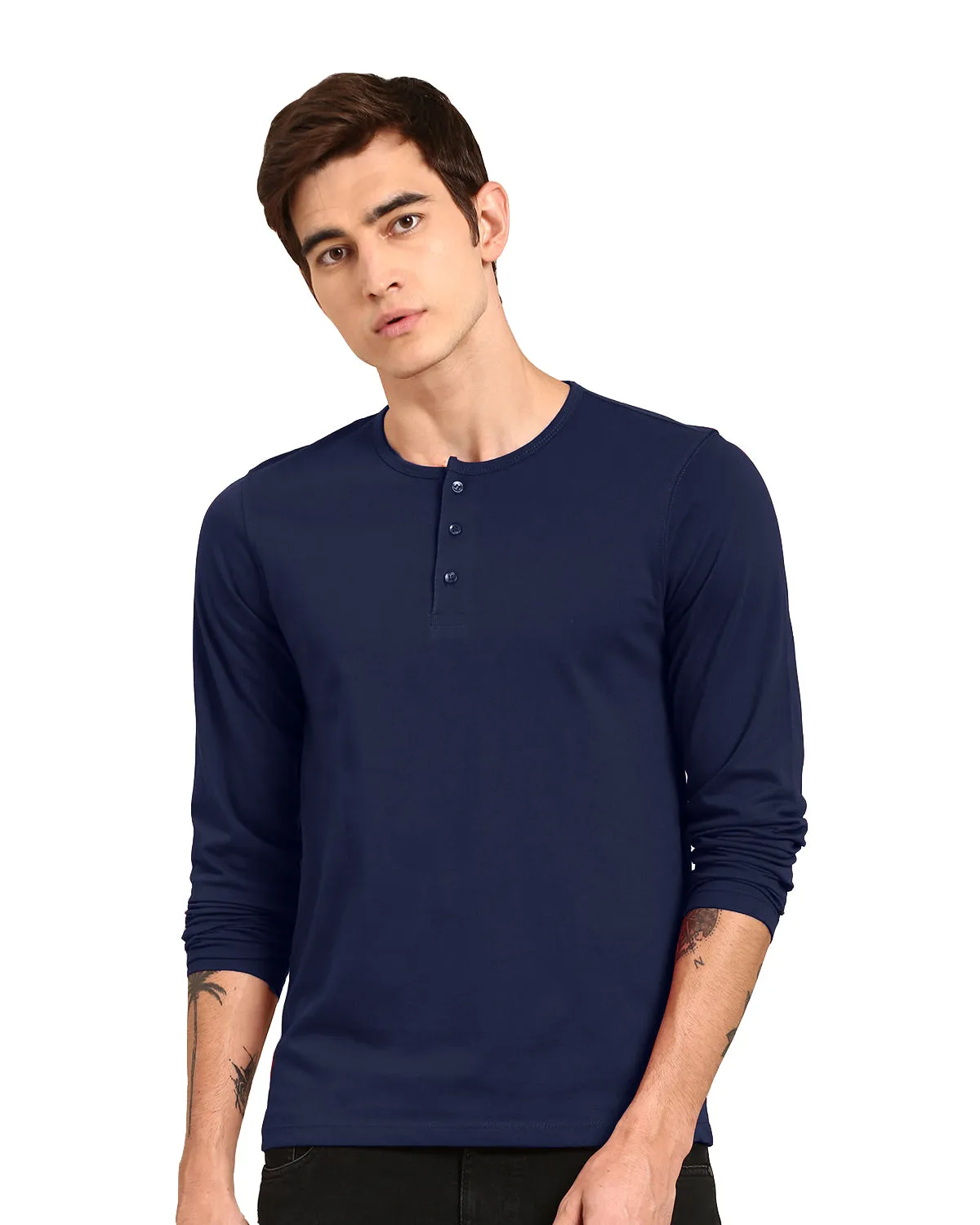 Regular Fit Solid Navy Blue Full Sleeve Cotton Plain Tshirt For Men By LazyChunks