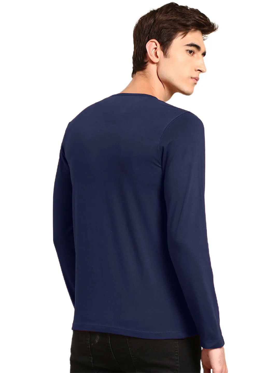 Regular Fit Solid Navy Blue Full Sleeve Cotton Plain Tshirt For Men By LazyChunks