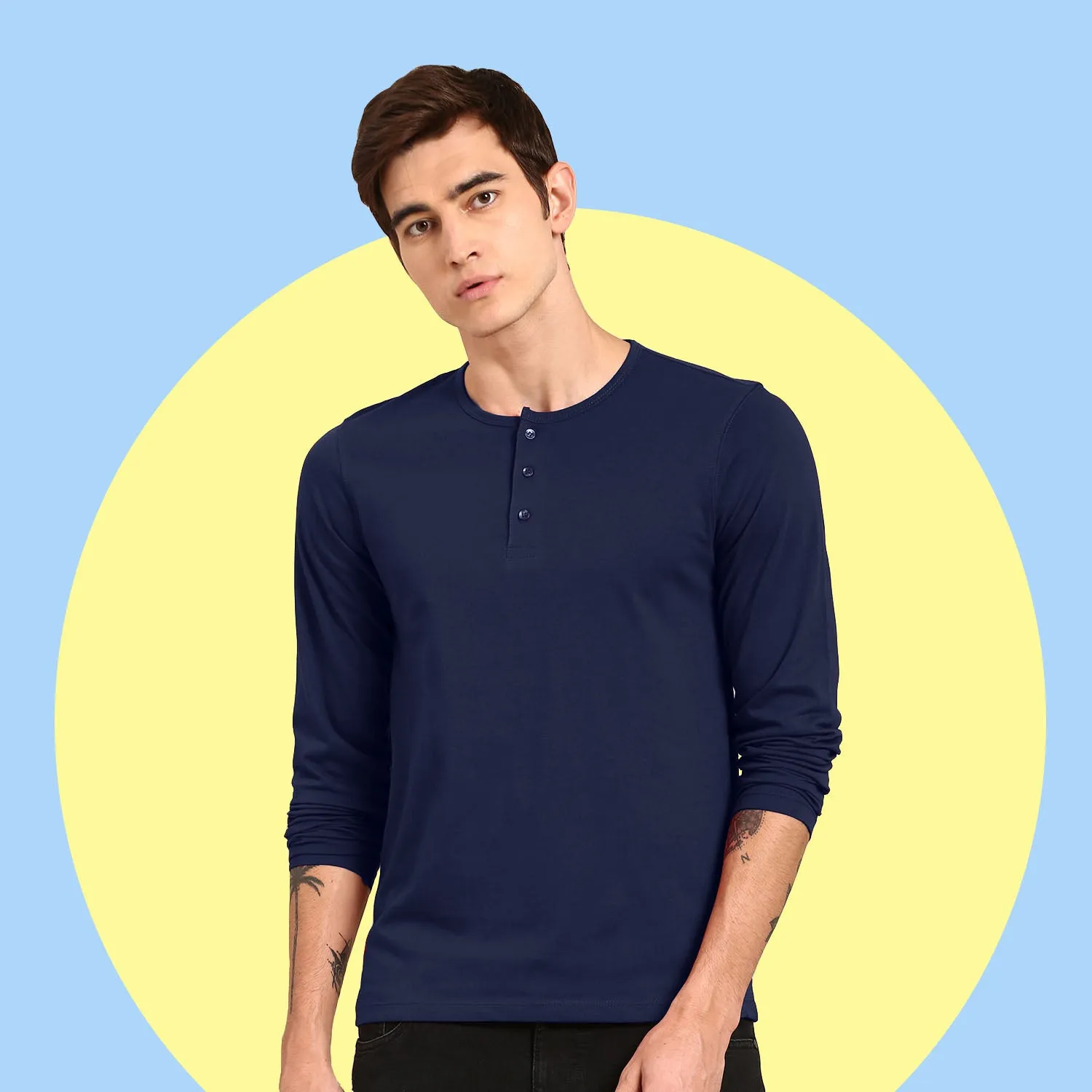 Regular Fit Solid Navy Blue Full Sleeve Cotton Plain Tshirt For Men By LazyChunks