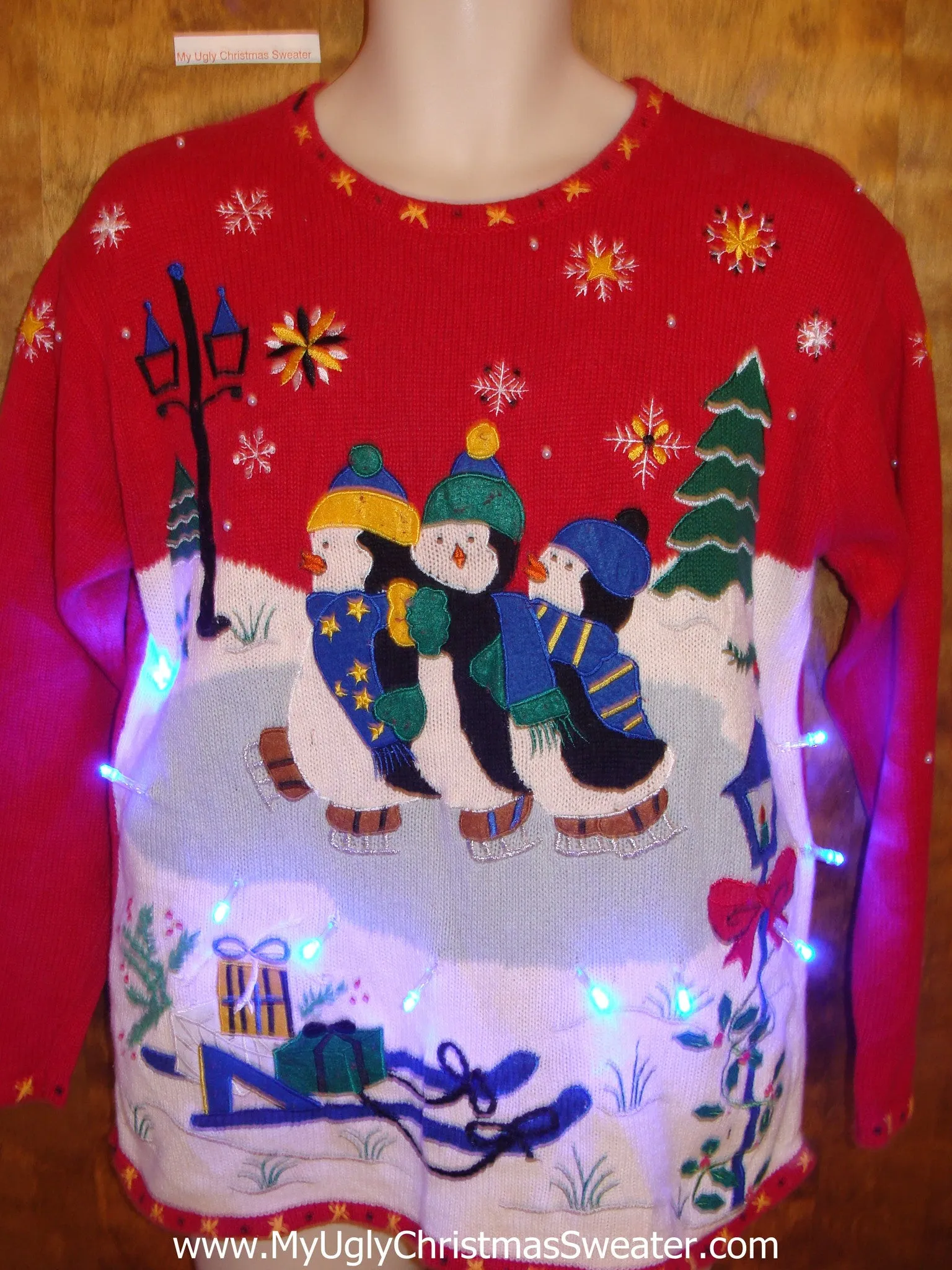 Skating Penguins Red Tacky Xmas Sweater with Lights