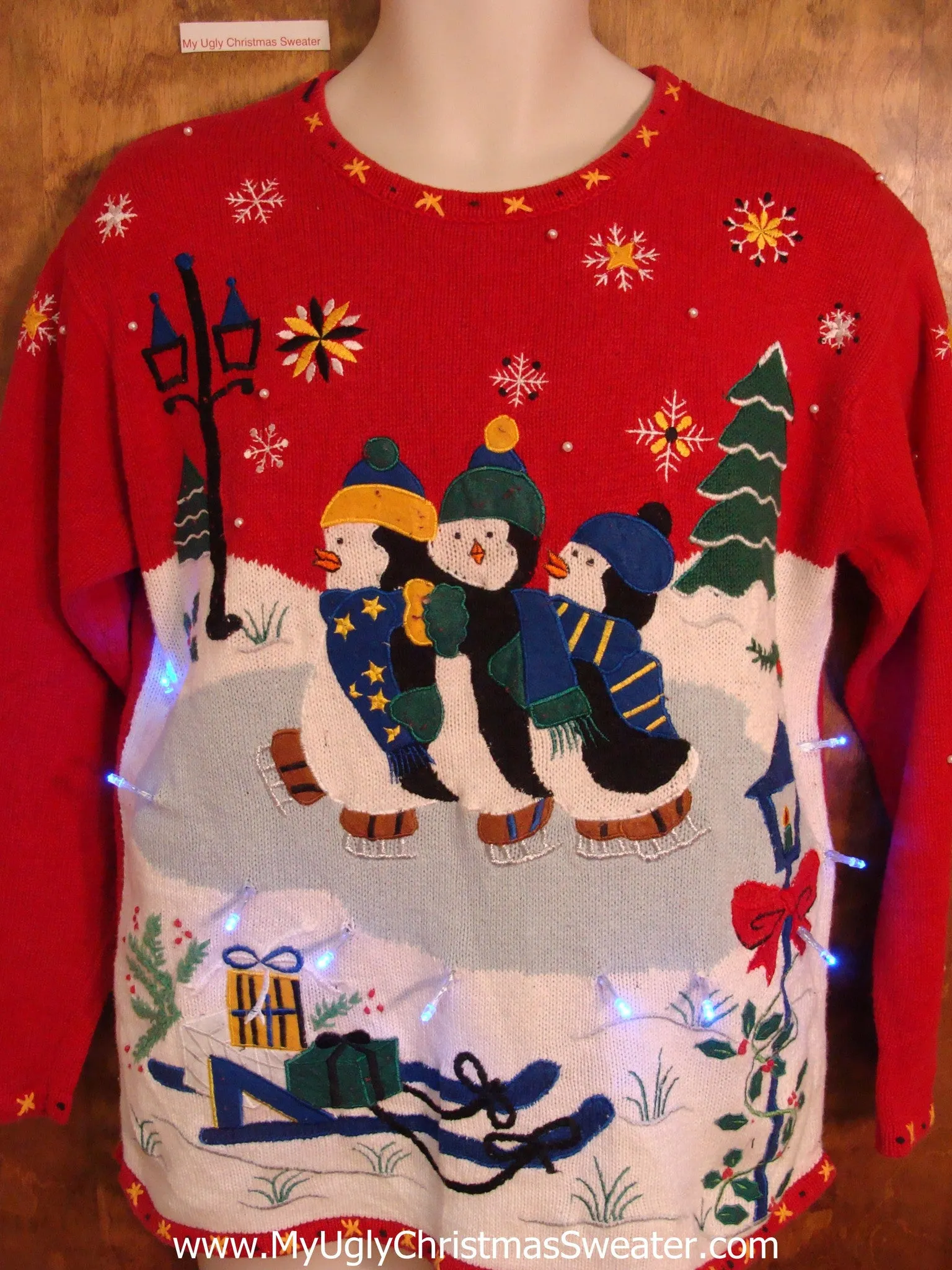 Skating Penguins Red Tacky Xmas Sweater with Lights