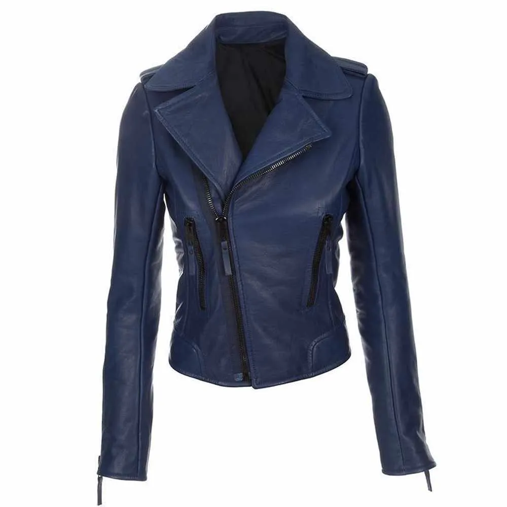 Slim Fit Dark Navy Blue Biker Leather Jacket