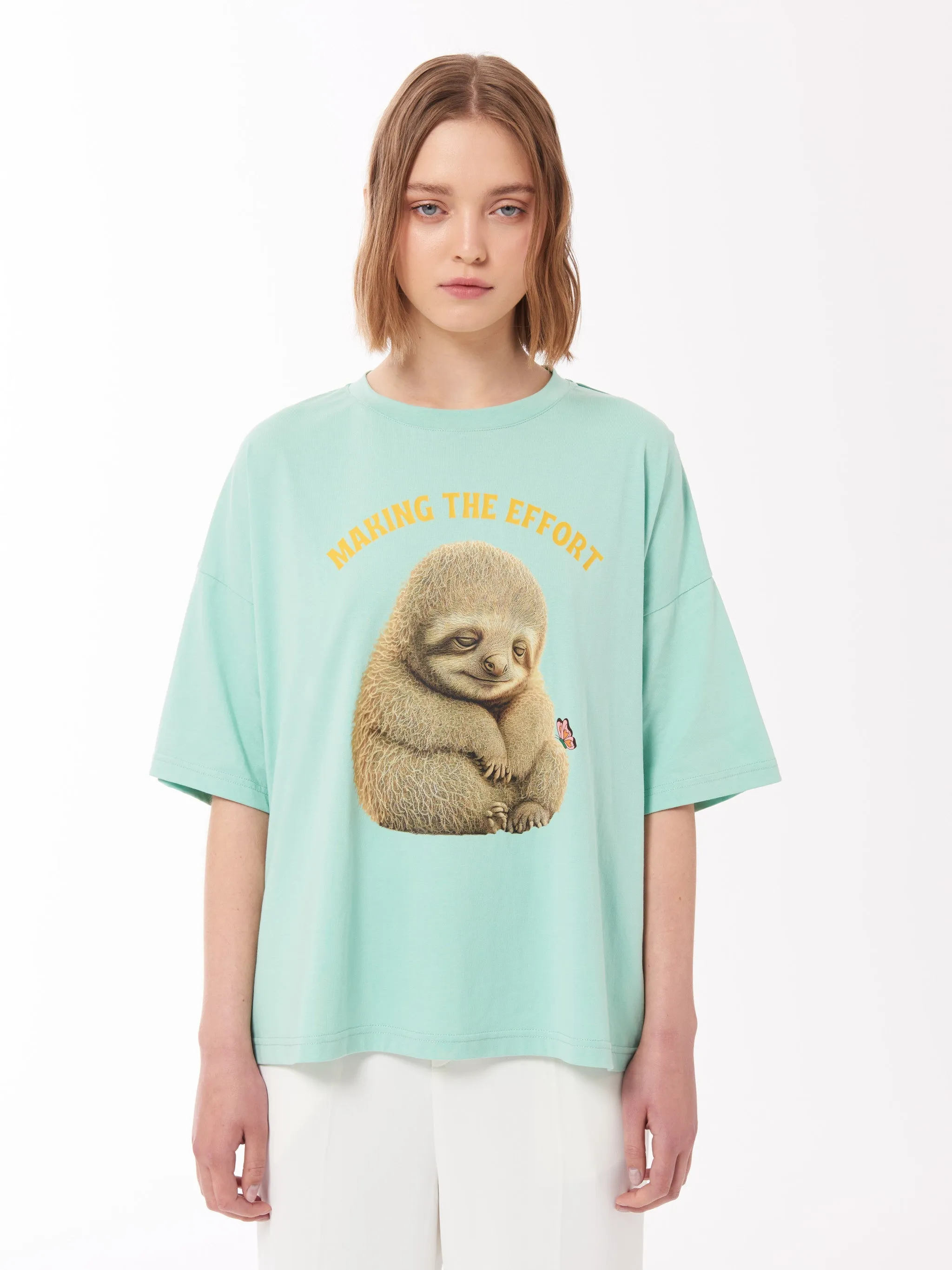 Sloth Print Unisex T-Shirt in Light Mint Green