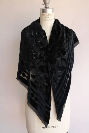 Vintage 1990s Scarf in Black Burnout Floral Velvet with Glitter