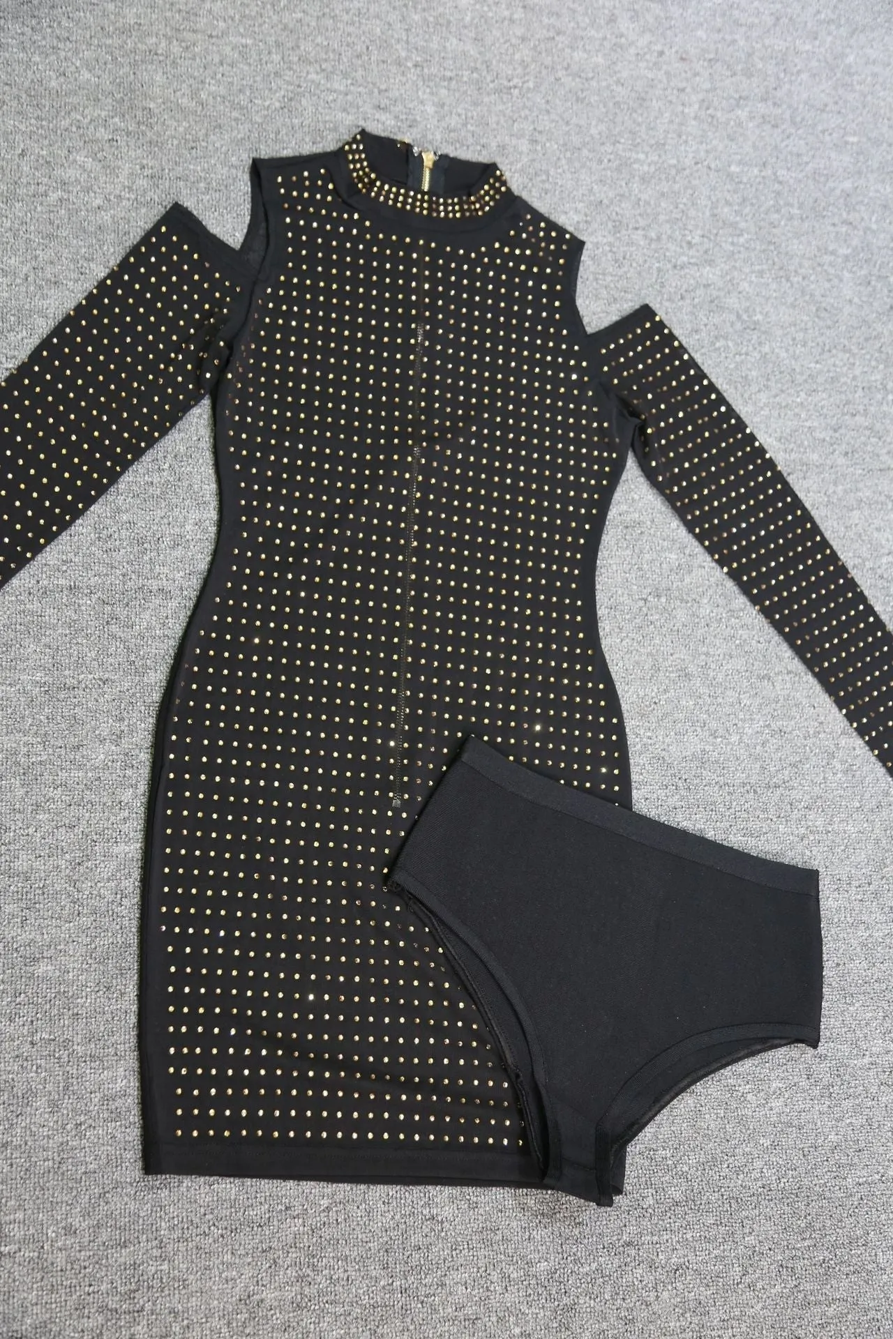 Winnal Studded Diamond Mesh Long Sleeve Bodice Bodycon Dress With Bandage Pantie