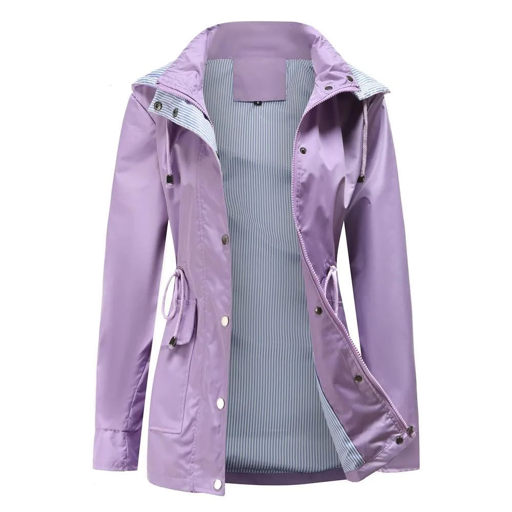 Women hoodie zip up buttons long sleeve trench coat