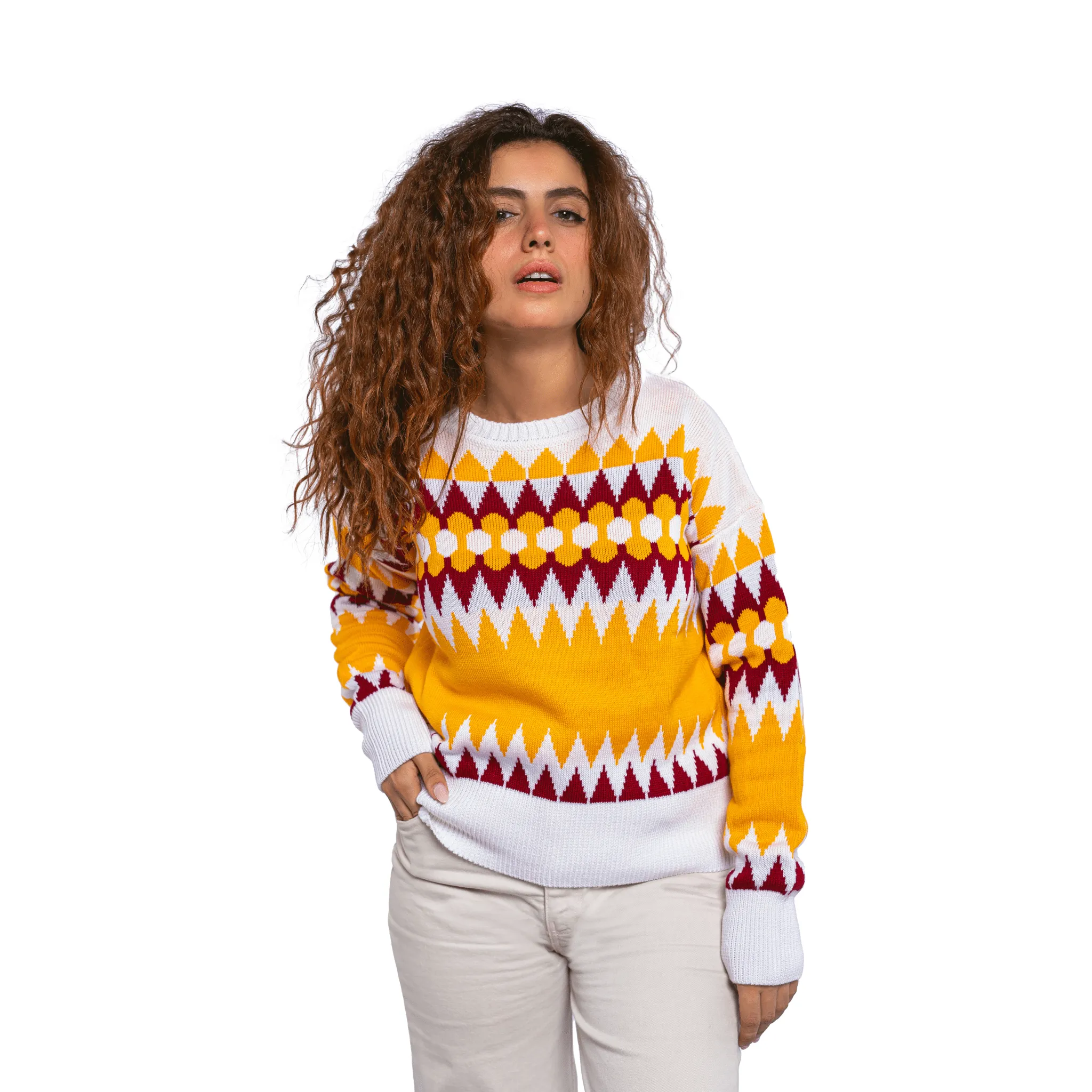 Women multicolor shapes Pullover -Mustard x Burgundy