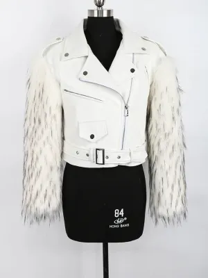 Women's Cropped Motorcycle Faux Leather & Faux Fur Jacket