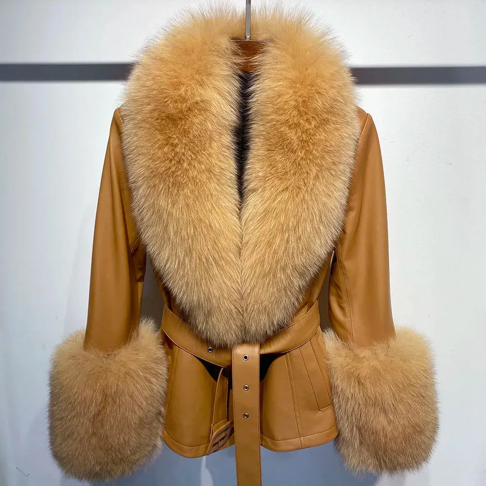 Women's Luxe Leather Winter Jacket with Fox Fur Collar