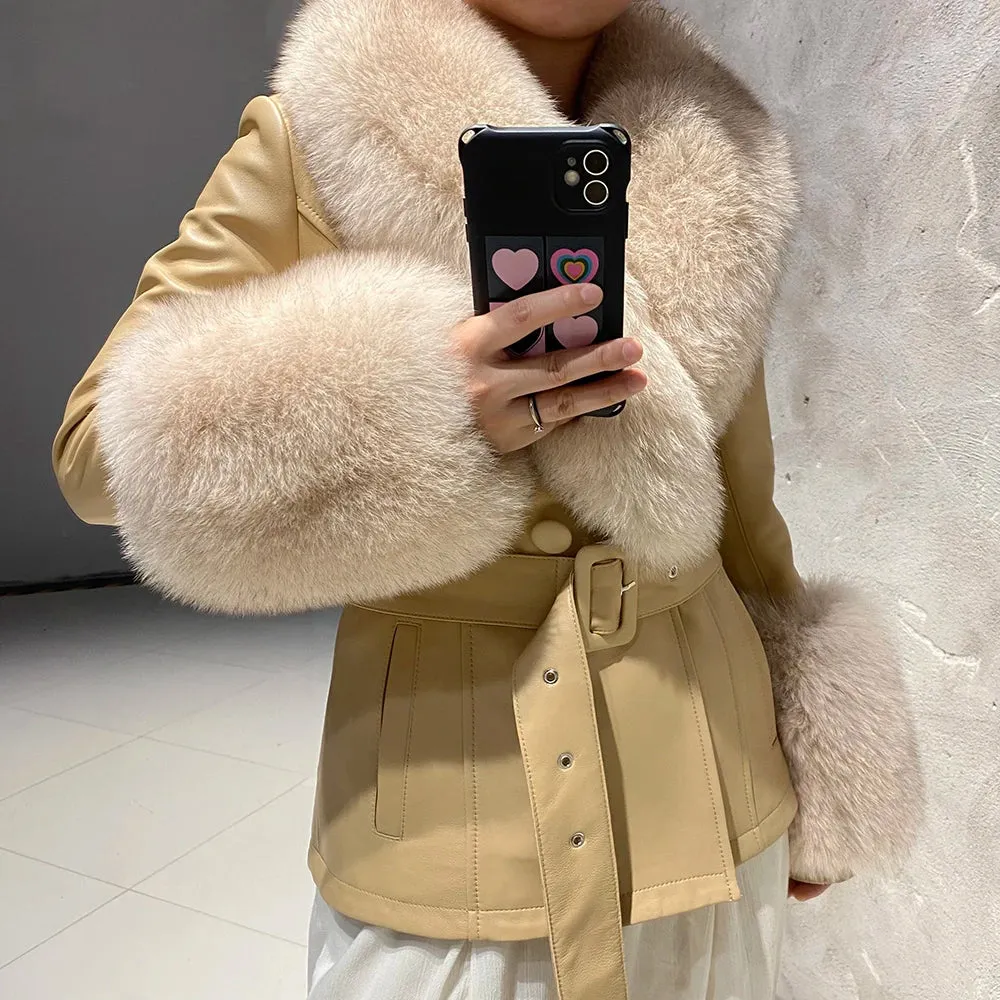 Women's Luxe Leather Winter Jacket with Fox Fur Collar