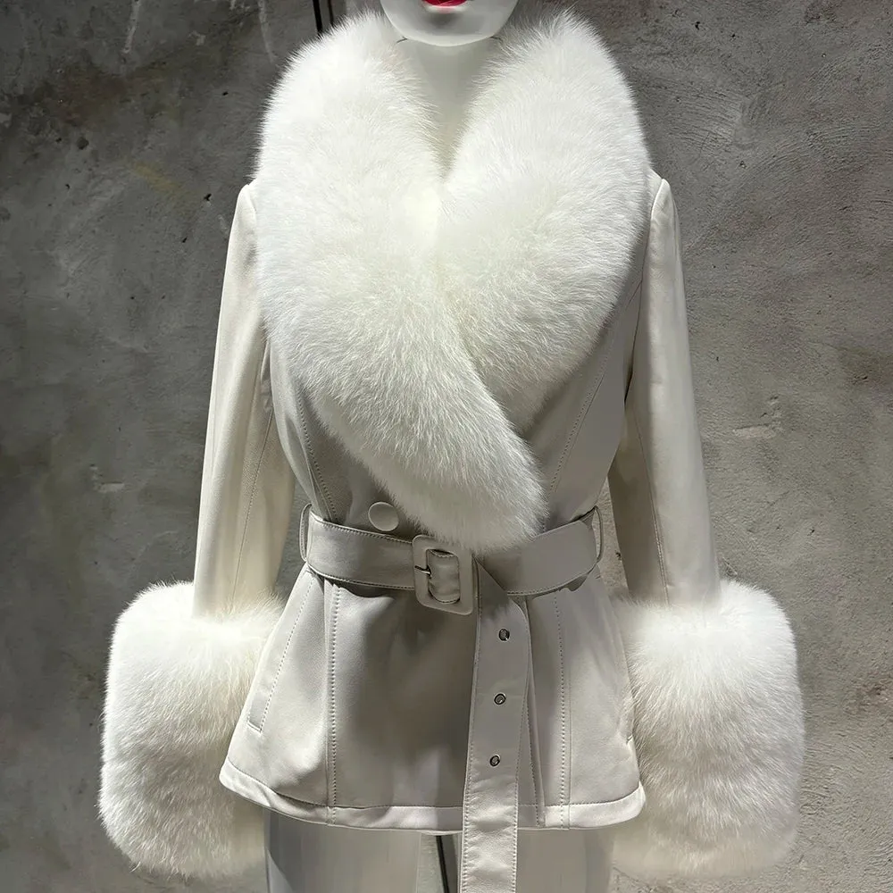 Women's Luxe Leather Winter Jacket with Fox Fur Collar