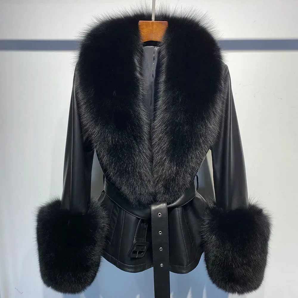 Women's Luxe Leather Winter Jacket with Fox Fur Collar