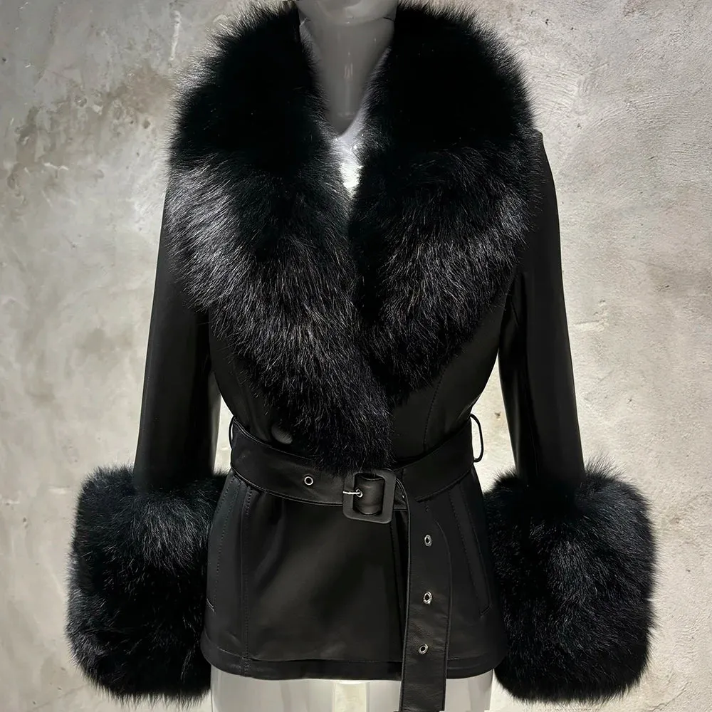 Women's Luxe Leather Winter Jacket with Fox Fur Collar