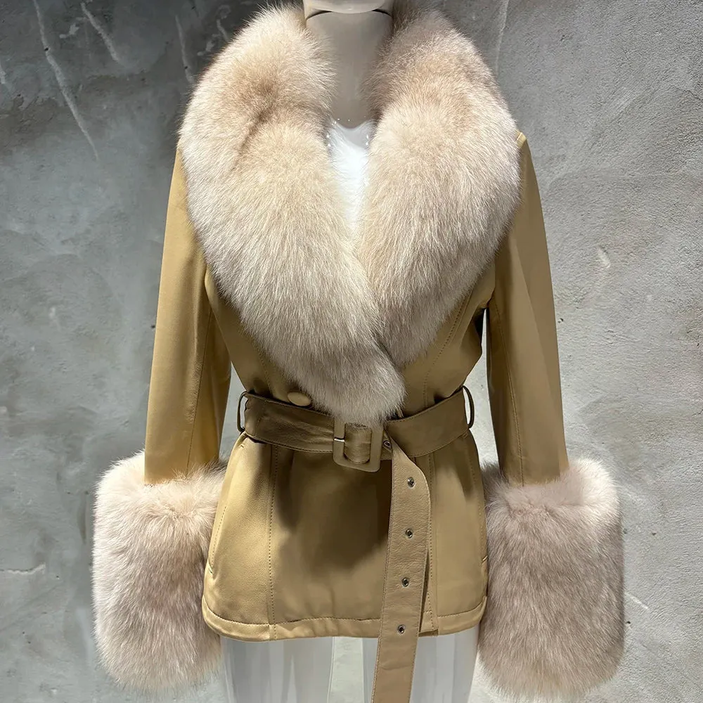 Women's Luxe Leather Winter Jacket with Fox Fur Collar