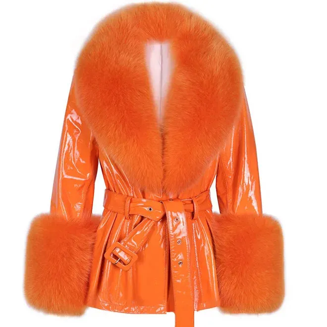 Women's Luxe Leather Winter Jacket with Fox Fur Collar