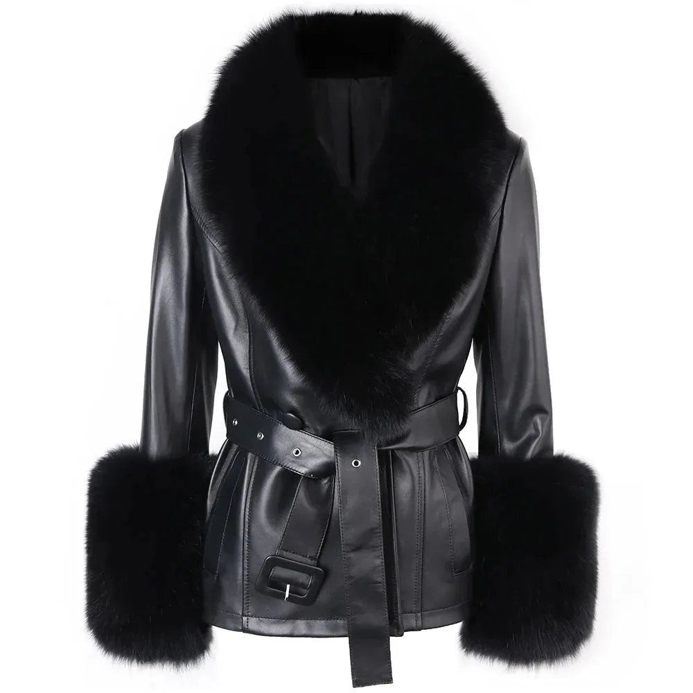 Women's Luxe Leather Winter Jacket with Fox Fur Collar