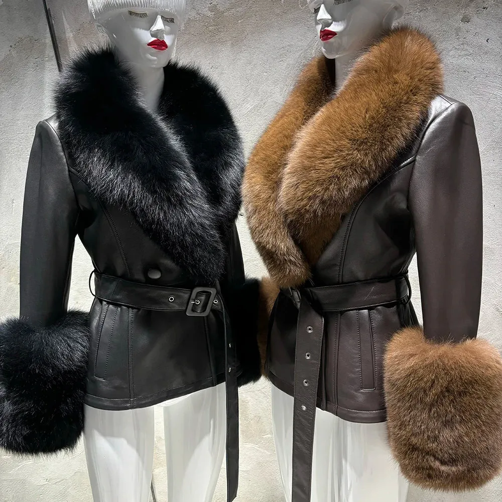 Women's Luxe Leather Winter Jacket with Fox Fur Collar