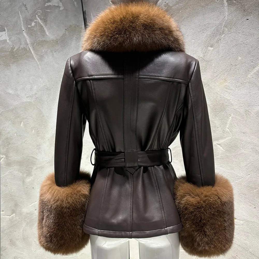 Women's Luxe Leather Winter Jacket with Fox Fur Collar