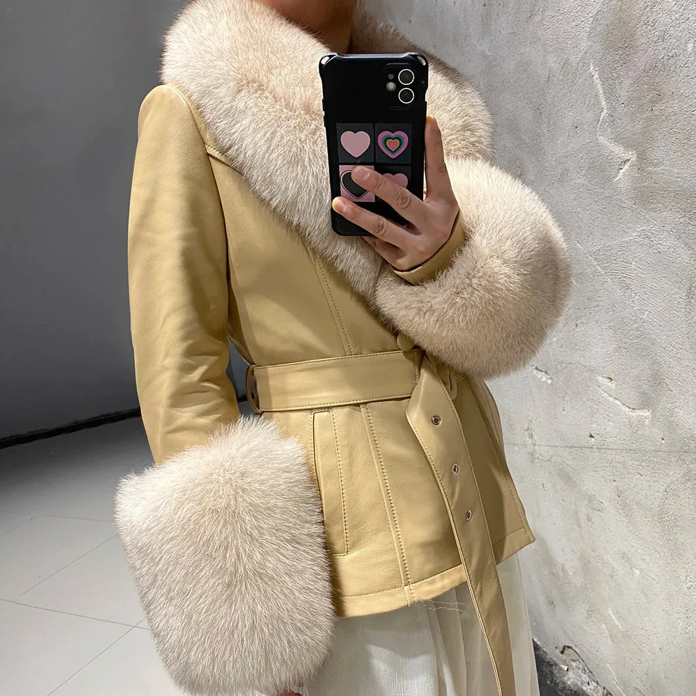 Women's Luxe Leather Winter Jacket with Fox Fur Collar