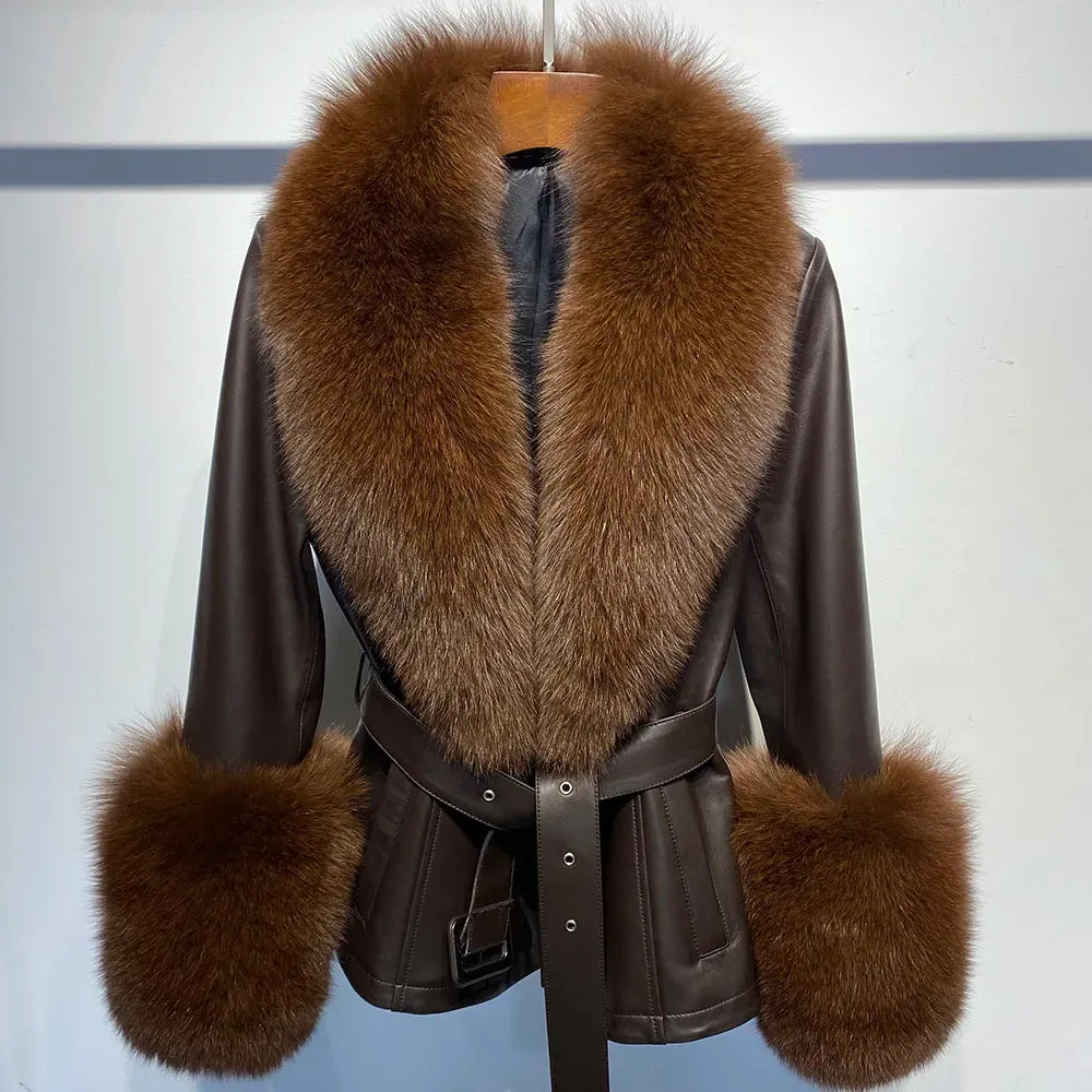 Women's Luxe Leather Winter Jacket with Fox Fur Collar