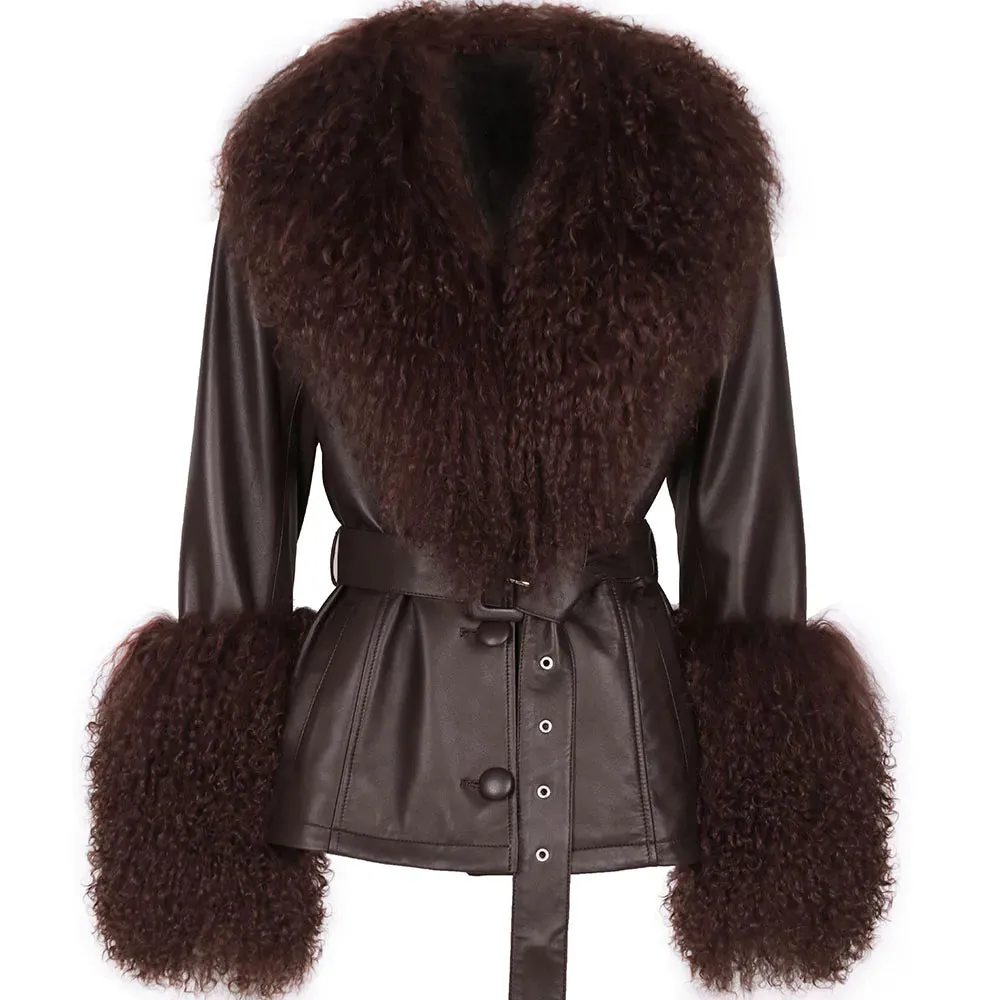 Women's Luxe Leather Winter Jacket with Fox Fur Collar