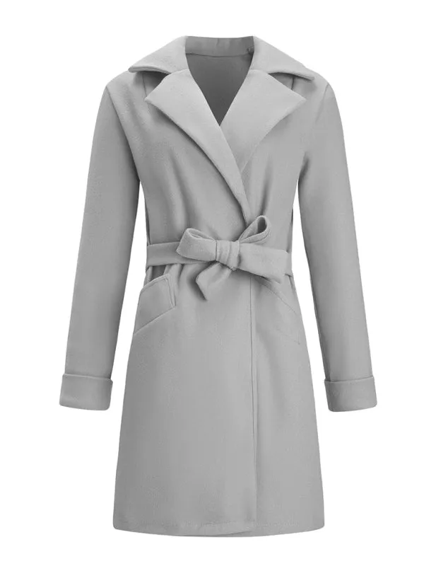 Women’s Stylish Solid Color Classy Collared Overcoat With Waist Tie And Hand Pockets